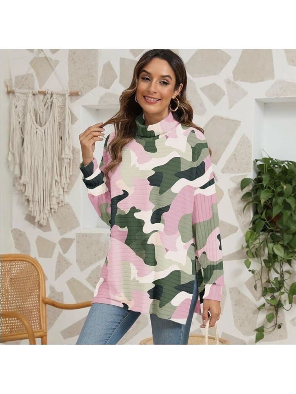 Pink Camouflage Mock Turtleneck Long Sleeve Tunic NWOT - Picture 4 of 7